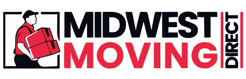 Midwest Moving Direct logo featuring a mover carrying boxes, representing reliable moving services in Akron and Northeast Ohio.